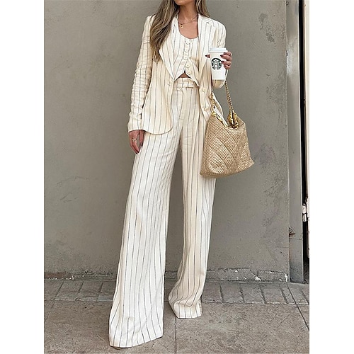 

Women's Blazer Set 3 Piece Party Set Single Breasted Lapel Neck Blazer Pants Vest Stripes Print Casual Fashion Business Outfit Long Sleeve Fall White S