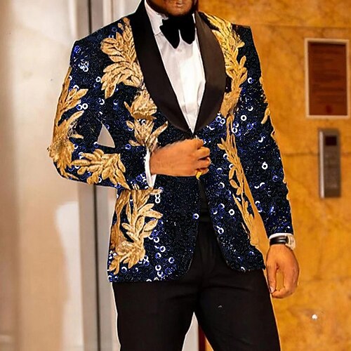 

Schwarz Rot Blau Herren-Smoking mit Pailletten, Party, Abschlussball, Disco, glitzernd, zweiteilig, Schalkragen, Blattmuster, maßgeschneiderte Passform, einreihig, ein Knopf, 2023