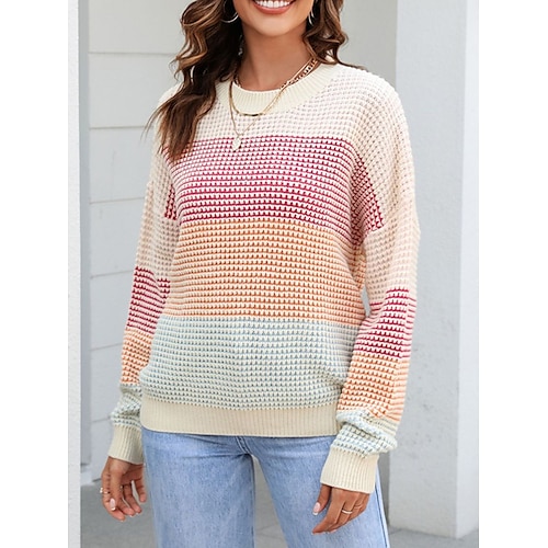 

Damen Pullover Strickwaren Waffel Stricken überdimensional Farbblock Rundhalsausschnitt Stilvoll Brautkleider schlicht Outdoor Täglich Sommer Herbst Weiß Beige S