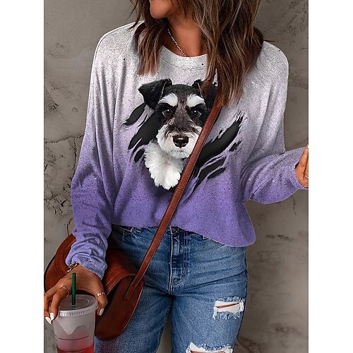 

Mujer Camiseta Rosa Azul Piscina Morado Perro Estampado Manga Larga Diario Fin de semana Diario Básico Escote Redondo Ajuste regular Pintura Otoño invierno