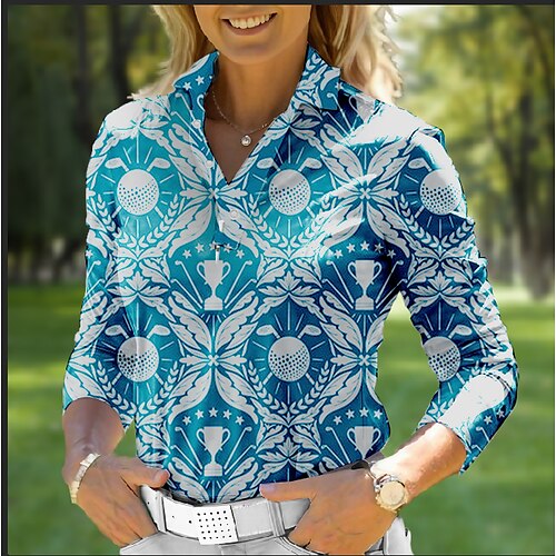

Women's Polo Shirt Golf Shirt Button Up Polo Breathable Quick Dry Moisture Wicking Long Sleeve Golf Apparel Golf Clothes Regular Fit Printed Spring Autumn Tennis Golf Pickleball