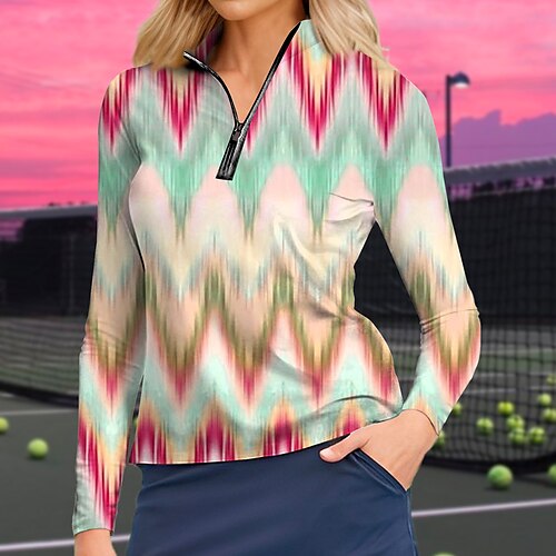 

Mulheres Camisa polo de caminhada Camisa de golfe Respirável Secagem Rápida Pavio Humido Manga Longa Vestuário de golfe Roupas de golfe Normal Zíper Colarinho Alto Geométrica Primavera Outono Tênis