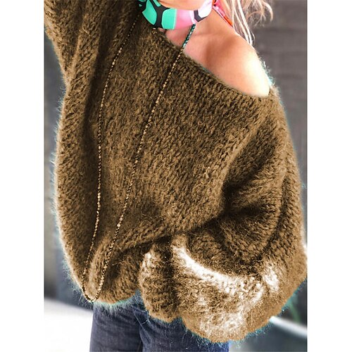 

Women's Pullover Sweater Jumper Jumper Ribbed Knit Cold Shoulder Solid Color Crew Neck Stylish Casual Daily Going out Fall Winter Brown Gray M L XL