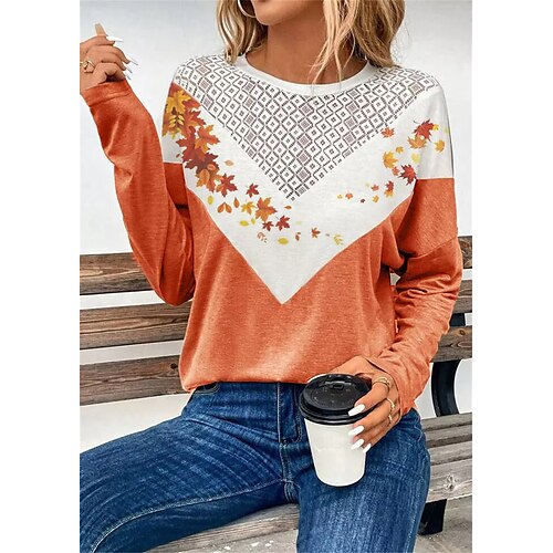 

Femme T shirt Tee Orange Feuille Dentelle Imprimer manche longue du quotidien Fin de semaine basique Col Rond Standard Fleur Peinture