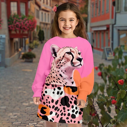 

Rosa Rock-Set für Mädchen, Kleidungsset, langärmelig, Grafik, Tier, Leopard, 3D-Druck, aktiv, Mode, täglich, Polyester, Outdoor, Straße, Date, Kinder, Rundhalsausschnitt, Druck, 3–12 Jahre, 3D-Druck, Grafik, normale Passform