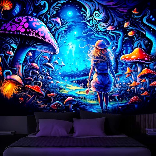 

Pilz-Wunderland-Schwarzlicht-Wandteppich, UV-reaktives Leuchten im Dunkeln, Mädchen, Waldpfad, Naturlandschaft, hängender Wandteppich, Wandkunst-Wandbild für Wohnzimmer, Schlafzimmer