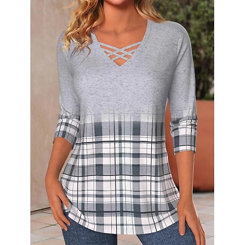 

Women's T shirt Tee White Gray Plaid Print Long Sleeve Daily Weekend Basic V Neck Regular Fit Painting