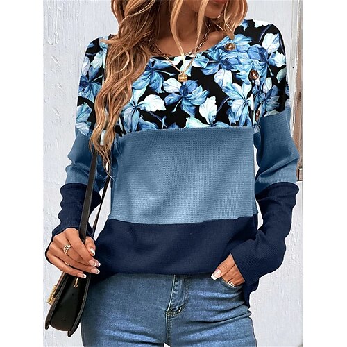 

Femme T shirt Tee Bleu Floral Imprimer manche longue Vacances Fin de semaine basique Col Rond Fleur Peinture