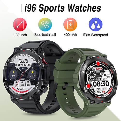 

696 i96 Montre intelligente 1.39 pouce Smartwatch Montre Connectée Bluetooth Podomètre Rappel d'Appel Moniteur de Sommeil Compatible avec Android iOS Hommes Mode Mains-Libres Rappel de Message Cadran