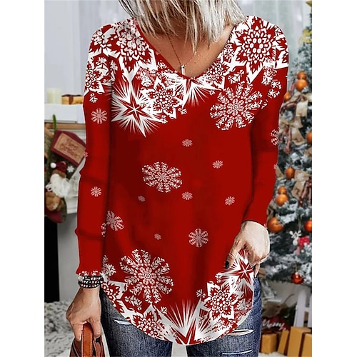 

Damen T Shirt Rote Schneeflocke Bedruckt Langarm Weihnachten Wochenende Basic V Ausschnitt Farbe