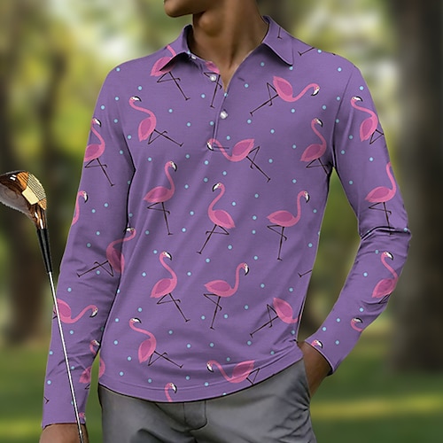 

Men's Polo Shirt Golf Shirt Button Up Polo Breathable Quick Dry Moisture Wicking Long Sleeve Golf Apparel Golf Clothes Regular Fit Flamingo Spring Autumn Tennis Golf Pickleball