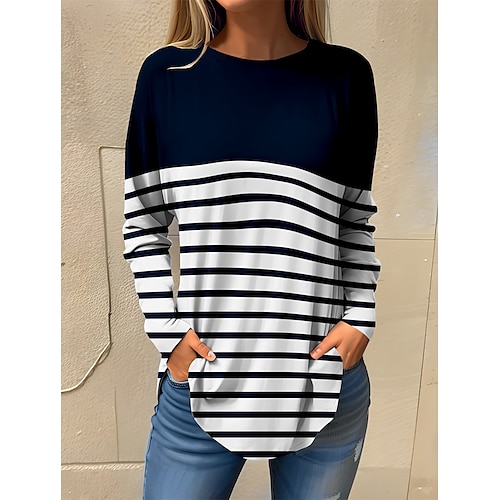 

Women's T shirt Tee Black Blue Striped Print Long Sleeve Daily Weekend Daily Basic Round Neck Regular Fit Painting Fall Winter