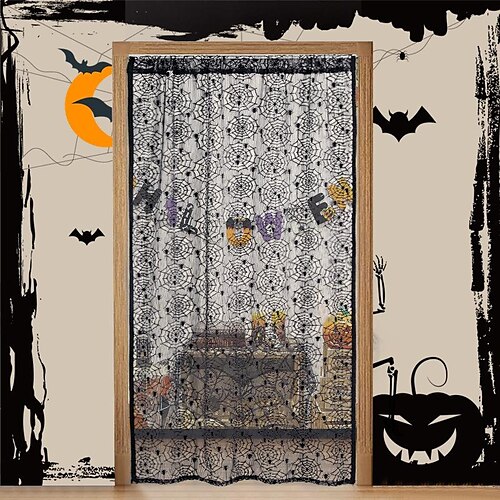 

Halloween Decor Curtains for Door Window Kitchen with Spider Web Bats Witch Skull Halloween Window Curtain, Black Lace Door Curtain Panel Decor for Halloween Window Decorations