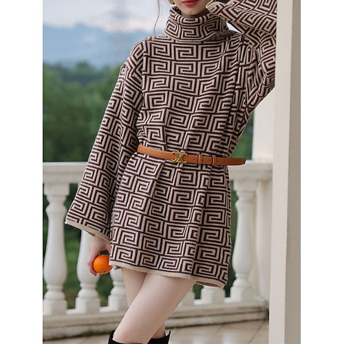 

Mujer Vestido de suéter Puente Croché Tejer Estampado Plaid Cuello Alto Elegante Sensual Exterior Diario Manga de la llamarada Otoño Invierno Café Gris Tamaño Único