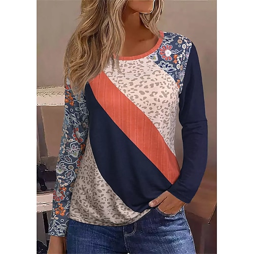 

Femme T shirt Tee bleu marine Léopard Floral Imprimer manche longue du quotidien Fin de semaine basique Col Rond Peinture