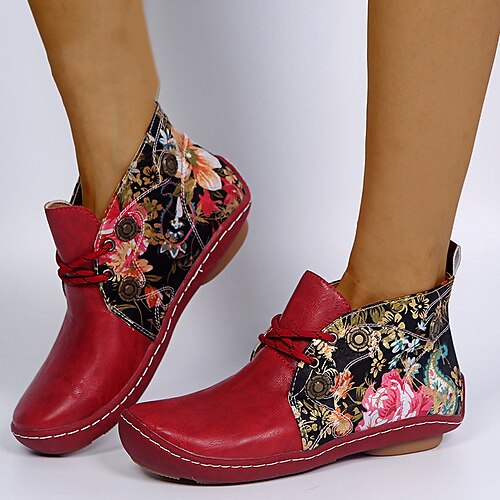 

Mulheres Botas sapatos feitos à mão Sapatos Confortáveis Tamanhos Grandes Ao ar livre Diário Inverno Sem Salto Ponta Redonda Vintage Elegante Couro Ecológico Com Cadarço Floral Vermelho Marron Verde