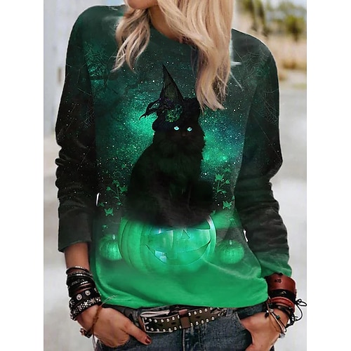 

Women's T shirt Tee Halloween Shirt Yellow Pink Red Cat 3D Print Long Sleeve Halloween Weekend Basic Round Neck Regular Fit 3D Cat Painting Fall Winter