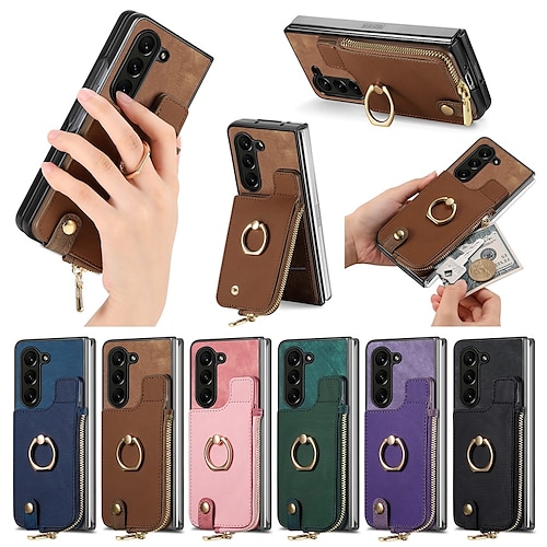 

telefone Capinha Para Samsung Galaxy Z Fold 5 Z Fold 4 Capa traseira Zíper Slots de suporte de cartão Pata de Apoio Retro PC Couro PU