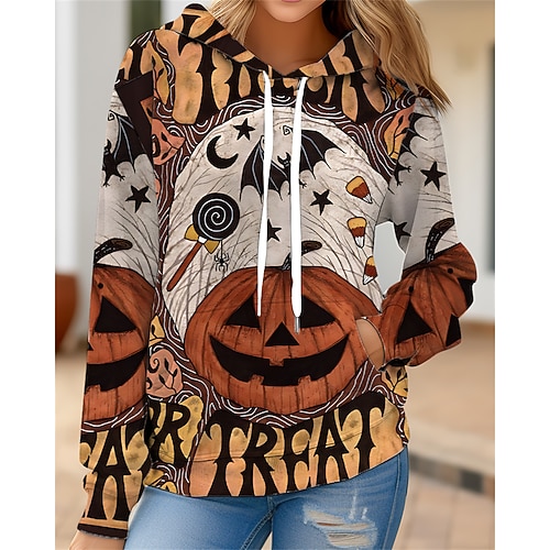 

Mulheres Moletom com capuz Estacionar Moletom de Halloween Esportes Básico Com Cordão Bolso frontal Laranja dia das Bruxas Capuz Manga Longa Top Micro-Elástica Outono inverno