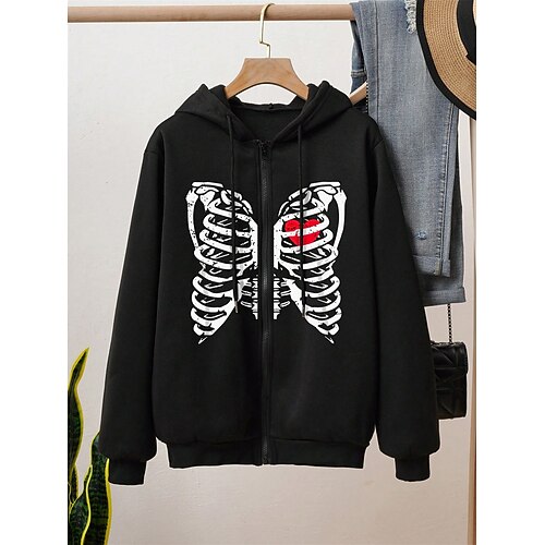 

Damen Zip Hoodie Kapuzenjacke Halloween Sweatshirt Strassenmode Reißverschluss Schwarz Graphic Strasse Kapuzenpullover Langarm Oberteil Mikro-elastisch Herbst Winter