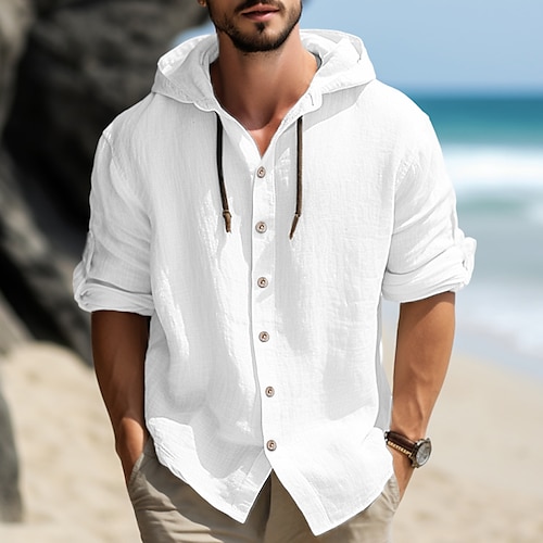 

Муж. Рубашка льняная рубашка рубашка с капюшоном Черный Белый Синий Длинный рукав Полотняное плетение Капюшон Весна лето Повседневные Гавайский Одежда кнопка