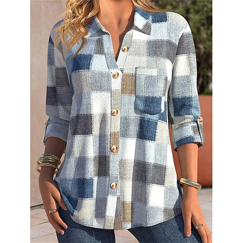 

Femme Chemise Chemisier Rouge Bleu Violet Plaid Bouton Poche manche longue Casual basique Col de Chemise