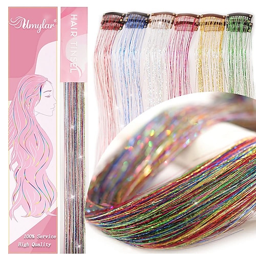 Hair Tinsel Pack of 12 Pcs Clip in Hair Tinsel 20 Inch Glitter Pink Tinsel  Hair Extensions, Festival Gift Tinsel Fairy Hair Extension Party Dazzle