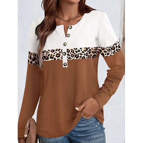 

Mulheres Camiseta Marron Leopardo Bloco de cor Botão Imprimir Manga Longa Diário Final de semana Básico Decote Redondo Normal Pintura Primavera Outono