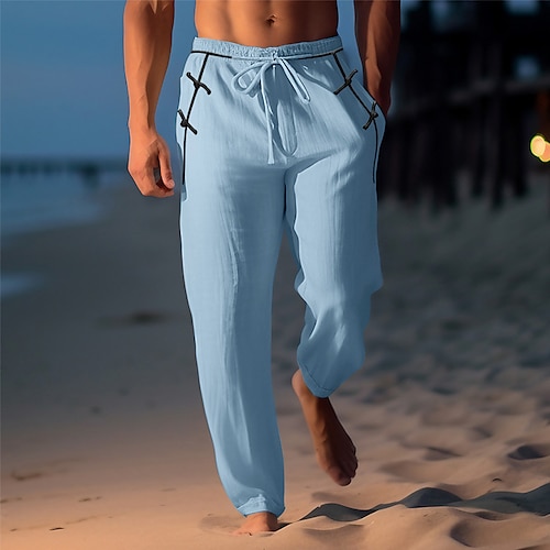 

Hombre Pantalones de lino Pantalones Pantalones de verano Pantalones de playa Retazos Correa Cintura elástica Plano Comodidad Transpirable Casual Diario Festivos Mezcla Lino / Algodón Moda Estilo