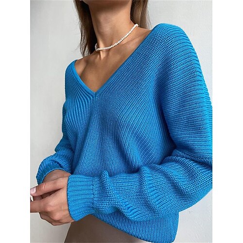 

Women's Pullover Sweater Jumper Jumper Ribbed Knit Oversized Solid Color V Neck Stylish Casual Outdoor Daily Fall Winter Light Blue Red coffee S M L