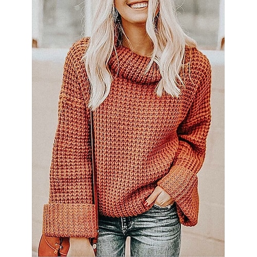 

Mujer Suéter de punto Puente Waffle Tejer De Gran Tamaño Color sólido Cuello Alto Elegante Casual Exterior Diario Otoño Invierno Negro Marrón S M L