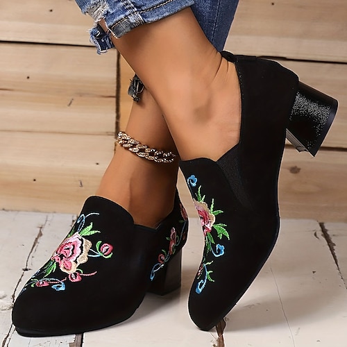 

Women's Heels Boots Slip-Ons Block Heel Sandals Stilettos Heel Boots Outdoor Daily Summer Embroidery Flat Heel Round Toe Fashion Vintage Elegant Faux Leather Lace-up Embroidered Black