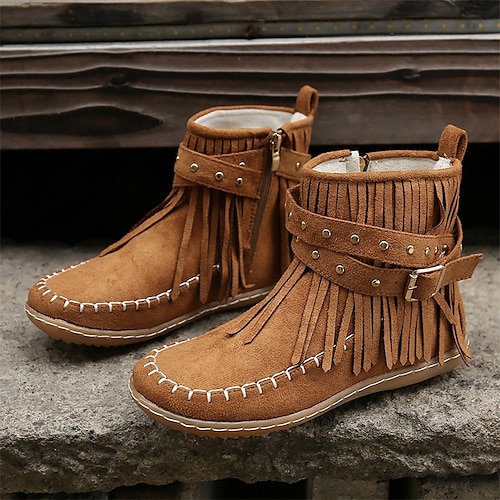 Women's Suede Fringe Moccasin Ankle Boots – Boho Flat Boots with