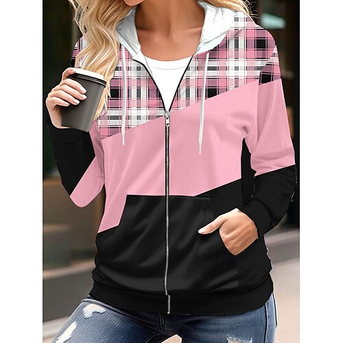 

Women's Hoodied Jacket Sport Hoodie Causal Print Lattice Casual / Daily Fashion Regular Fit Outerwear Long Sleeve Fall Light Pink S