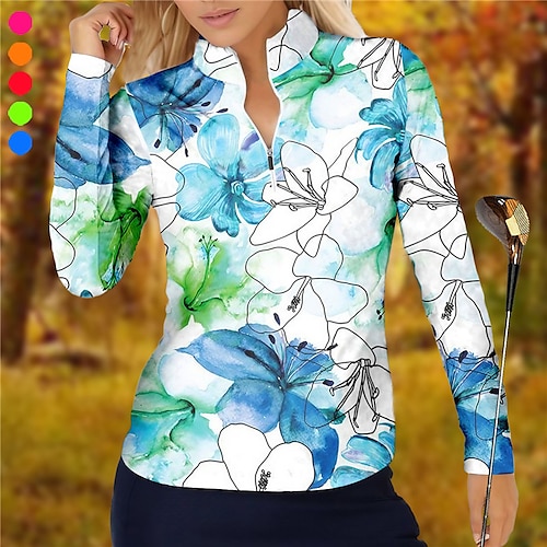 

Femme T-shirt POLO Chemise de golf Respirable Séchage rapide Evacuation de l'humidité manche longue Vêtements de golf Top Standard Zippé Col Montant A Fleur Printemps Automne Tennis Le golf Pickleball