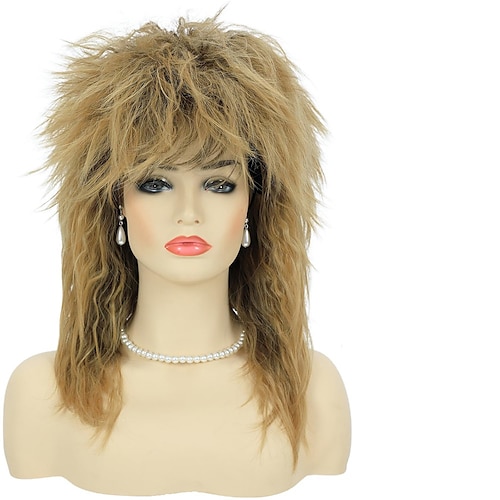 

80s Tina Rock Diva Costume Wig with Necklace and Earring for Women Big Hair Blonde 70s 80s Rocker Mullet Wigs Glam Punk Rock Rockstar Cosplay Wig for Halloween Party