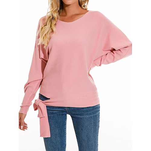 

Pull Maille Femme A côtes Tricoter Lacet Couleur unie Col V mode Décontractées Extérieur du quotidien manche longue Automne Hiver Noir Rose Claire Taille unique