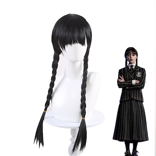 parrucca intrecciata lunga nera diritta per mercoledì Addams mercoledì  Addams trecce capelli per bambini ragazza festa cosplay del 2023 a $14.99