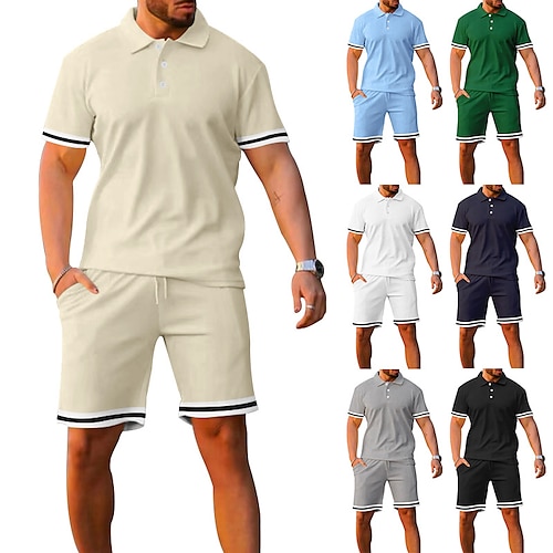 

Men's Button Up Polos Set Casual Holiday Lapel Short Sleeve Fashion Basic Plain Classic Summer Regular Fit Depression Green Light Sky Blue Black White Dark Navy Khaki Button Up Polos