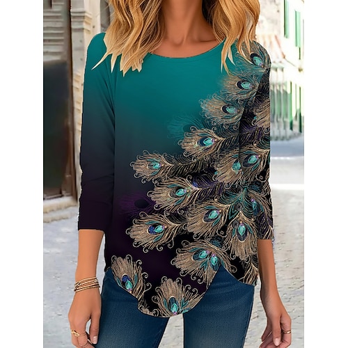 

Femme T shirt Tee Rose Claire Bleu Vert Graphic Plume Imprimer manche longue du quotidien Fin de semaine du quotidien basique Col Rond Standard Peinture Automne hiver