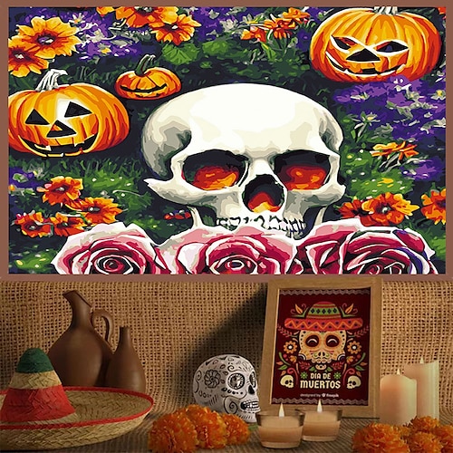 

Halloween Skull Flower Hanging Tapestry Wall Art Large Tapestry Mural Decor Photograph Backdrop Blanket Curtain Home Bedroom Living Room Decoration Halloween Decorations