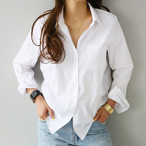 

Camisa Blusa Mujer Blanco Color sólido Botón Bolsillo Diario Básico Cuello Camisero Ajuste regular M / M