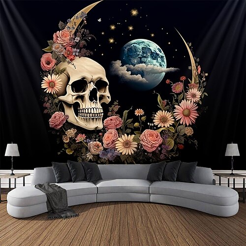 

Moon Skeleton Flower Hanging Tapestry Wall Art Large Tapestry Mural Decor Photograph Backdrop Blanket Curtain Home Bedroom Living Room Decoration Starry Sky Aesthetics Night