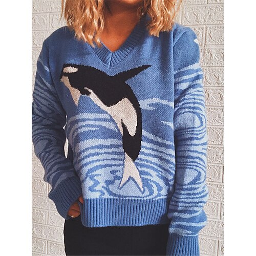 

Women's Pullover Sweater Jumper Jumper Ribbed Knit Patchwork Animal V Neck Stylish Casual Daily Going out Fall Winter Blue S M L