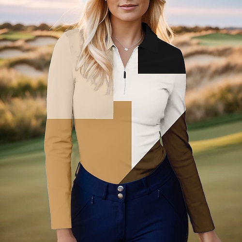 

Damen poloshirt Golfhemd Atmungsaktiv Schnelltrocknend Feuchtigkeitsableitung Langarm Golfbekleidung Golfkleidung Regular Fit 1/4 Reißverschluss Stehkragen Bedruckt Maillard Frühling Herbst Tennis