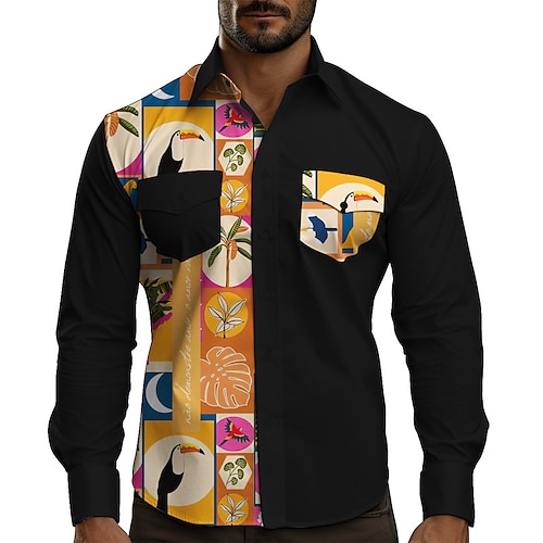 

Hombre Camisa Bloque de color Estampados Hojas Cuello Vuelto Amarillo Azul Piscina Exterior Calle Manga Larga Estampado Ropa Moda Ropa de calle Design Transpirable