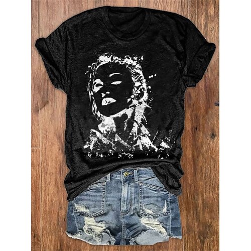 

Women's T shirt Tee Black White Gray Portrait Print Short Sleeve Daily Weekend Basic Round Neck Regular Fit Portrait Painting