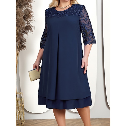 

Women's Plus Size Curve Party Dress Lace Dress Cocktail Dress Midi Dress Pink Dark Blue Light Blue 3/4 Length Sleeve Floral Lace Spring Fall Winter Crew Neck Fashion Birthday Wedding Guest