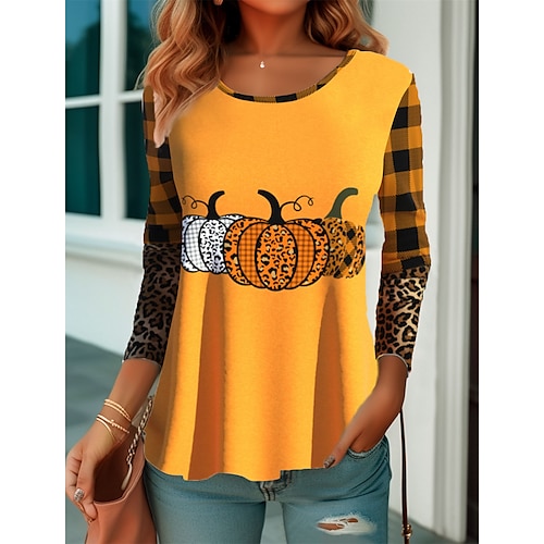 

Damen T Shirt Halloween-Shirt Schwarz Orange Grau Plaid Kürbis Bedruckt Langarm Halloween Wochenende Basic Rundhalsausschnitt Regular Fit Farbe Frühling Herbst