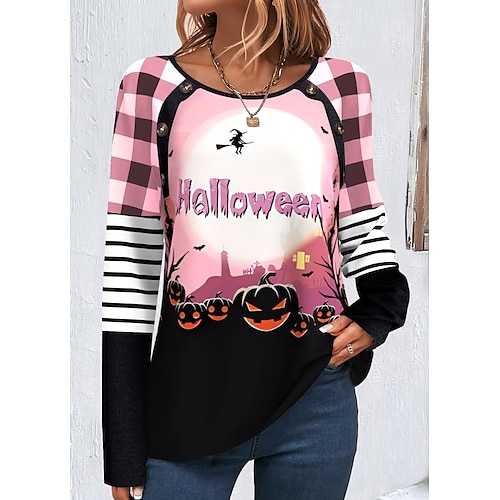 

Women's Halloween Shirt Blouse Pink Plaid Pumpkin Print Long Sleeve Halloween Casual Basic Round Neck Regular Fit Spring Fall